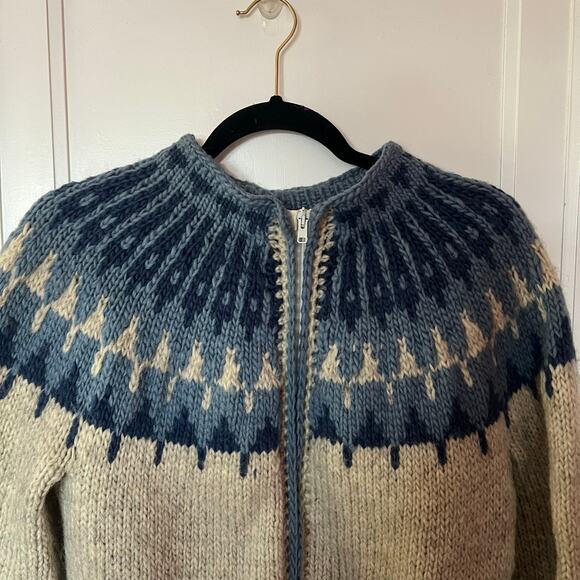 Handmade Fair Isle Wool Full Zip Sweater Blue Cream SZ M - Picture 3 of 7